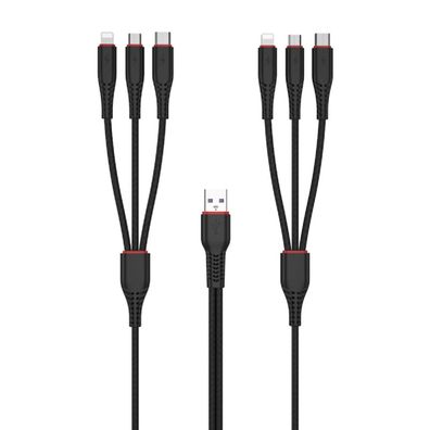 XO Kabel NB196 6in1 USB - 2x Lightning + USB-C + microUSB 1,2m 3,5A / 2m 2,5A schwarz