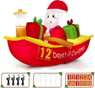 Aufblasbare Deko Weihnachten Countdown, LED Weihnachtsmann im Ruderboot