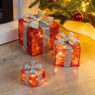 LED Geschenk Boxen 3er Set - ROT / GRAU - Weihnachten Deko Beleuchtung Timer Batterie