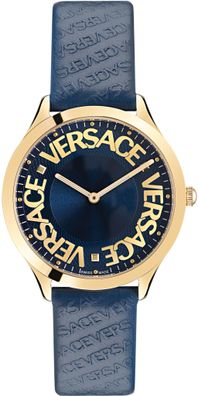 Versace VE2O00322 Logo Halo blau gold Leder Damen Uhr NEU