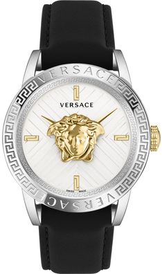 Versace VESN00222 V-Code Palazzo silber gold schwarz Leder Herren Uhr NEU
