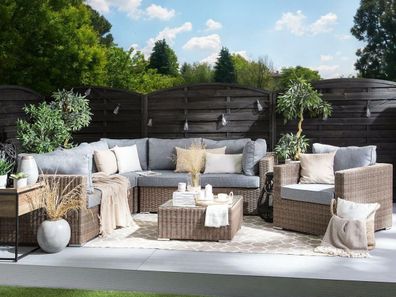 Luxus Rattan Selina Gartenmöbel Lounge Sitzgruppe Sitzgarnitur hellbraun für Terrasse