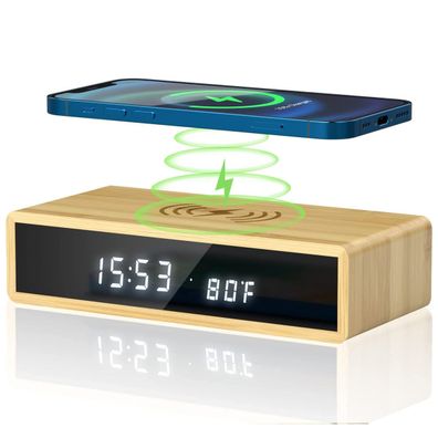 Bambus Digitaler Wecker mit Kabelloses Laden, 3 Alarme/ Snooze Funktion,