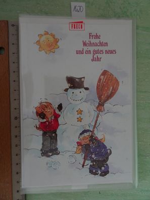 alte Weihnachtsgrußkarte Freco Schweiz Kinder bauen einen Schneemann