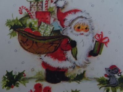 alte Weihnachtsgrußkarte Hallmark Weihnachtmann-Wichtel mit Geschenken RAR