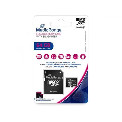 Mediarange Micro SDXC Karte 64GB Speicherkarte Class 10