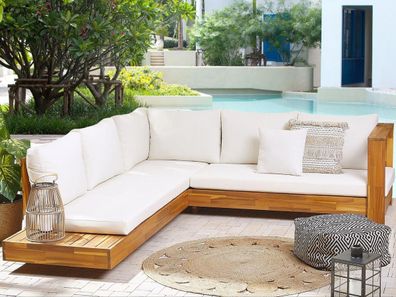 Designer Massivholz Lounge Mallorca L Akazie Gartenmöbel braun weiss Terrasse Balkon