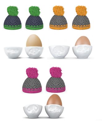 Eierbecher 6er Set mit verschiedenen Gesichtern und 6 Mützen - Fiftyeight Products.