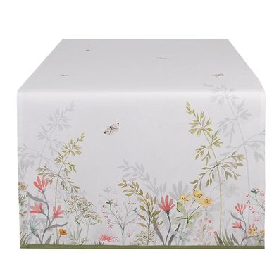 Clayre & Eef Tischläufer 50x140 cm Weiß Baumwolle Blumen (Gr. 50x140 cm)