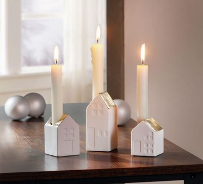 Kerzenhalter "Häuschen", 3er Set, Porzellan weiß mit Goldakzente, Kerzenständer