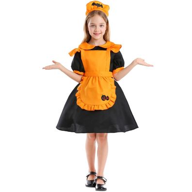 Mädchen 3er Set Kleid Apron Maid Frock Kürbis Magd Bat Halloween Party Kostüm Orange