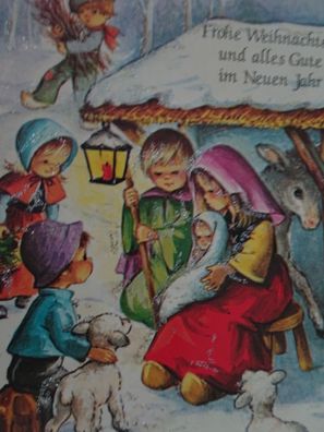 alte signierte JL Grußkarte mit Glimmer Sü West Germany Krippe Weihnachten 3D