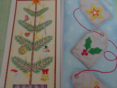 2 Weihnachtsgrußkarten "moderner Weihnachtsbaum mit Glimmer Merry Christmas