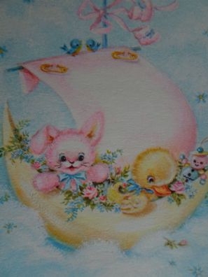 alte Grußkarte zum freudigen Ereignis Mond Wolke Schiff Spielzeug Baby Geburt & Vers