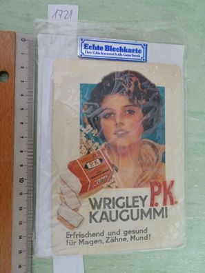alte echte Blechkarte Blechschild Wrigley Kaugummi P.K. Grußkarte 14x10cm Herlitz
