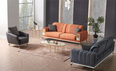 Sofagarnitur 3 + 3 + 1 Sitzer Textil Holz Sofa 3 Sitzer Modern Sessel Komplett Set