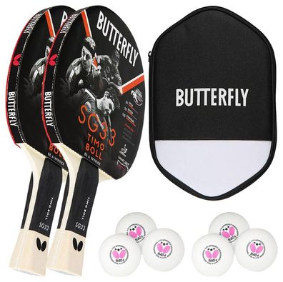 Butterfly 2x Timo Boll SG33 Tischtennisschläger + Hülle + 6x 40+ 3 * * * TT Bälle