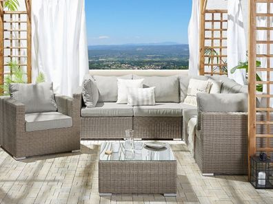 Luxus Rattan Gartenmöbel Lounge Selina Sitzgruppe Sitzgarnitur Sessel grau Terrasse