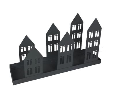 Tablett "Drax" 7tlg., Metall, schwarz, 40x12x23cm, Häuser mit spitzen Dächern,