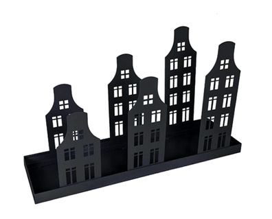 Tablett "Drax" 7tlg., Metall, schwarz, Häuser mit runden Dächern, 40x12x23cm,