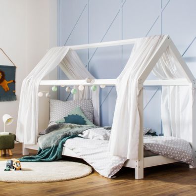 Puckdaddy Hausbett Finn 200x90 cm Kinder Bett aus Holz in Weiß mit Bettrahmen