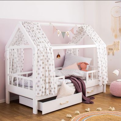 Puckdaddy Hausbett Carlotta 200x90 cm Kinder Bett in Weiß mit Rausfallschutz