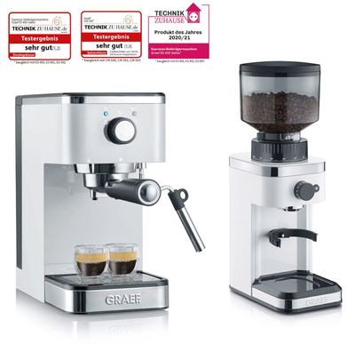 Graef Set Siebträger Espresso Maschine & elektrische Kaffee Mühle weiß