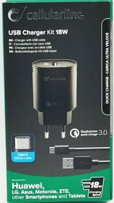 Cellularline Charger Kit 18W Ladegerät für Huawei, ZTE, LG , Motorola, mit Typ C