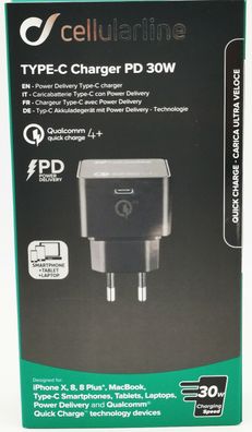 Type C Cellularline Charger PD 30W Ladegerät Power Delivery Charger schwarz