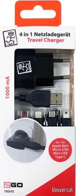 2GO Mini 4 in 1 USB Netzladegerät 100V-240V - schwarz Micro USB Typ C Mini USB