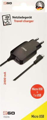 Netz-Ladegerät 100V-240V - schwarz Micro USB + zusätzlichem USB-Ausgang
