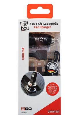 2GO Mini 4 in 1 Kfz- Ladegerät Car Charger 12V/24V - schwarz 1000mA Micro USB