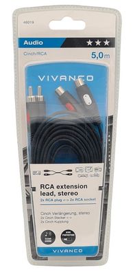RCA Cinch Verlängerung 2x Cinch Stecker / Kupplung Stereo 5m Kabel