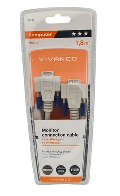 Monitor Anschlusskabel 15pol. HD Stecker 1,8m Kabel grau SVGA