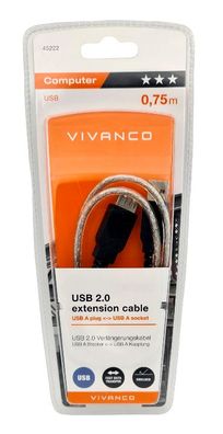 USB 2.0 Verlängerungskabel USB A Stecker - USB A Kupplung Buchse 0,75m Kabel