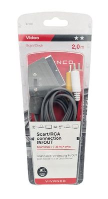 Video Scart RCA Cinch Stecker Verbindungskabel IN / OUT 2m Kabel