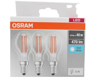 3x LED Filament Leuchtmittel Tropfen 4W =40W E14 klar 470lm kaltweiß 4000K Osram