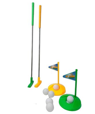 Mini Golf Set | 10-teilig gelb/ grün | 2 Schläger, 6 Bälle und 2 Löcher mit Fahne