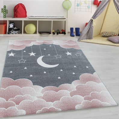 Kinderteppich Kinderzimmerteppich Sternenhimmel Mond Wolken Design Rechteck PINK