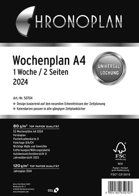 Chronoplan 50704 Kalendereinlage 2024 (Wochenplan A4 (210x297mm) Ersatzkalendarium...