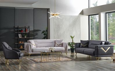 Sofagarnitur 3 + 3 + 1 Sitzer Textil Holz Sofa 3 Sitzer Modern Sessel Komplett Set