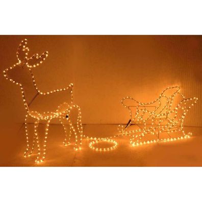 Rentier mit Schlitten Kunststoff weiß 77cm x 60cm Beleuchtung Weihnachten Dekoration