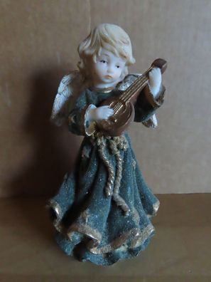 Figur Engel mit Mandoline dunkel grünes Kleid mit Sternen ca. 14 cm hoch