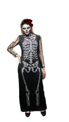 Halloweenkostüm Damen Skelettkleid schwarzes Kleid m Knochen Halloween Karneval