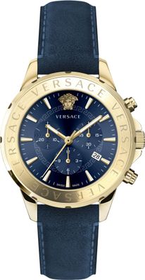 Versace VEV601423 Chrono Signature Chronograph gold blau Leder Herren Uhr NEU