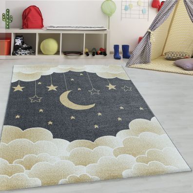 Kinderteppich Kinderzimmerteppich Sternenhimmel Mond Wolken Design Rechteck GELB