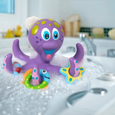 Schwimmender lila Oktopus mit 3 Hoopla-Ringen, interaktives Badespielzeug