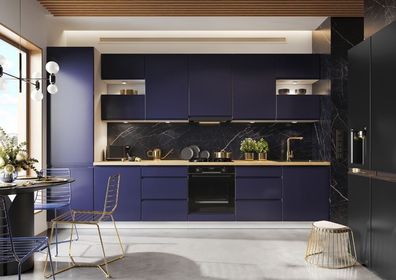 Beispiel Küche Schränke erweiterbar dunkelblau matt Griffmulden Häfele Schubladen