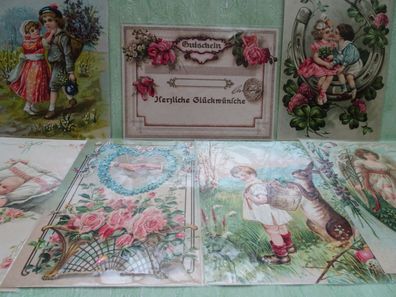 7 TFR Reproduktion geprägte Postkarten Vintage Nostalgie Kinder Engel Hufeisen...