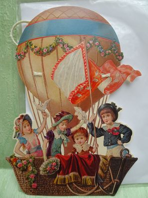 alte Grußkarte Heißluftballon mit Kordel Kinder Vintage Nostalgie